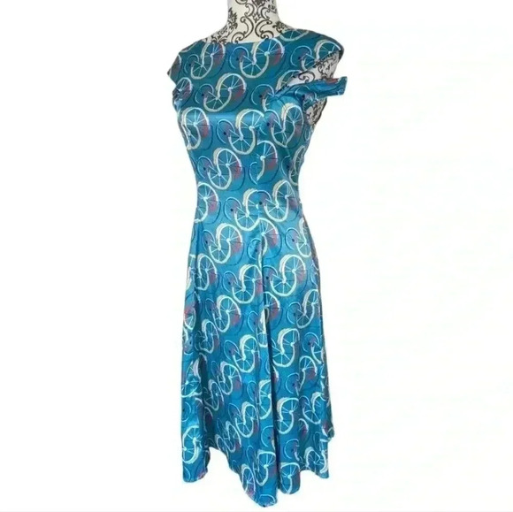 Tatyana Cruiser Swing Dress Retro Satin Blue Bicycle Wheel Fit & Flare Women S - Picture 5 of 10